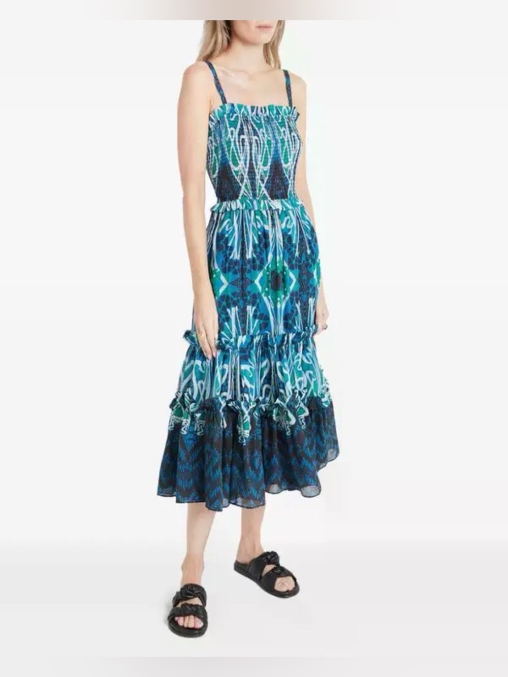 Temperley London Printed Midi Dress Blue Tiered Square Neck NWOT